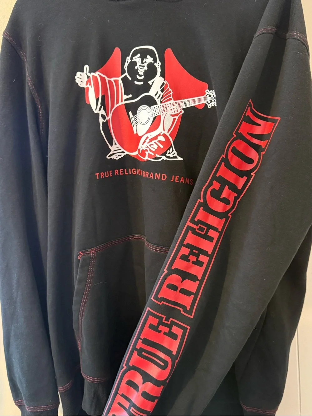 True Religion Black Hoodie with Red Graphic and Sleeve Logo